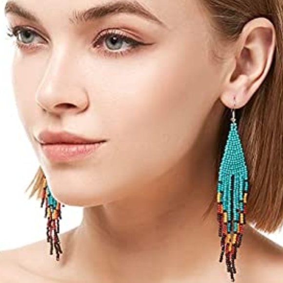 Long 5" Turquoise Red Southwestern Beaded Large Oversized Bohemian Earrings New - Picture 1 of 7